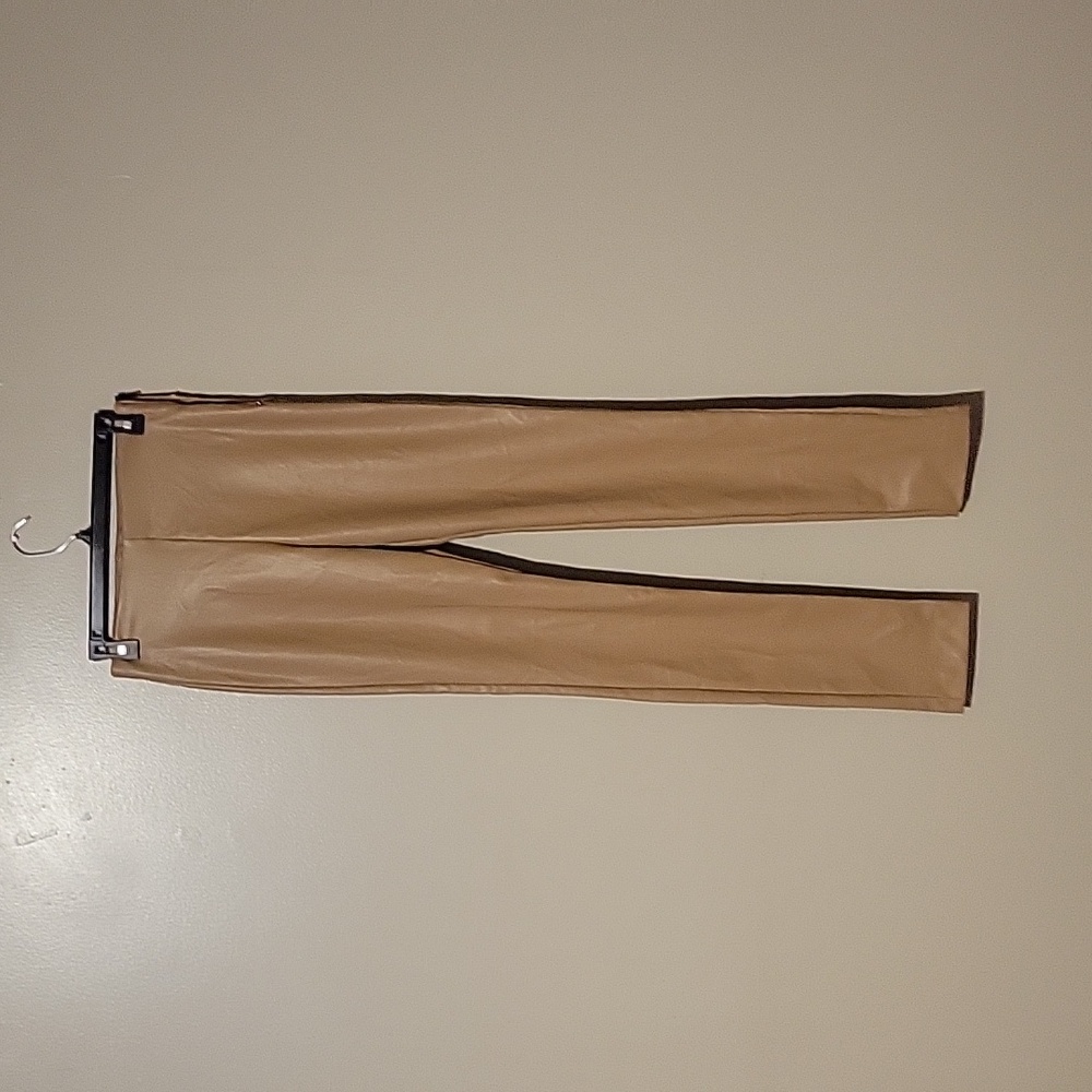 ZARA Leggings Women Small Tall Faux Leather‎ High Rise Slit Hems Tan